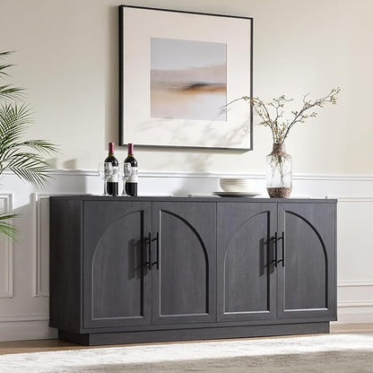 Fatmok Buffet Cabinet with Storage, 59'' Modern Arched Sideboard Cabinet w/Adjustable Shelves, Wood Media TV Console Table Credenza for Living Room Hallway Entryway, Black Grey