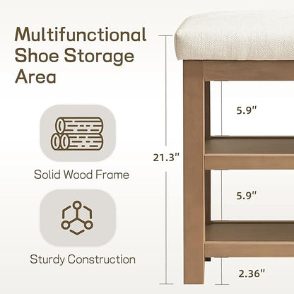 Zihanhome 2 Tier Shoe Rack Bench with Cushion, Solid Wood Shoe Benches, Mid-Century Modern Shoe Storage Bench for Entryway, Hallway, Living Room, Closet, Front Door Entrance, (Beige, 46.5")