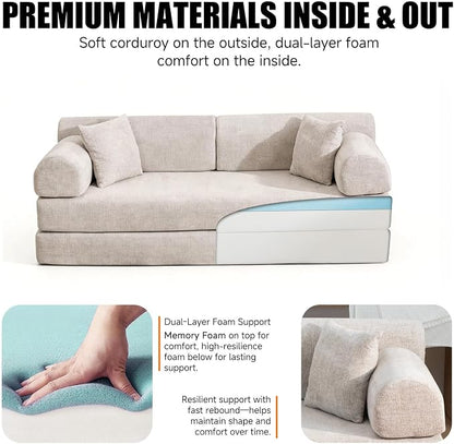 78.8" Memory Foam Boneless Couch, Corduroy Floor Sofa Bed, Convertible Sleeper Futon Loveseat, Wide Armrests & Back Support, Supports Up to 1200 lbs, Couch in a Box with 2 Pillows, Light Camel