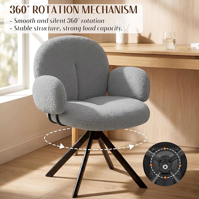 Cute Desk Chair No Wheels, 360° Swivel Accent Chairs with Arms, Modern Upholstered Dining Room Chairs with Tufted Cushion, Accent Chairs for Home Office/Bedroom/Kitchen, Teddy Sherpa, Grey