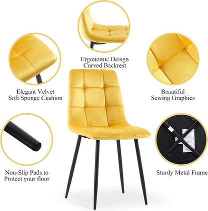 NORDICANA Yellow Velvet Dining Chairs Set of 4, Upholstered Tufted Kitchen Chairs, Comfortable Seat, Metal Leg, Easy Assembly