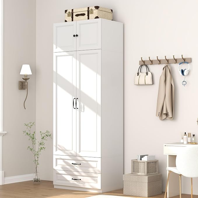 Armoire Wardrobe Closet with Drawers: Bedroom Armoires with Hanging Rod, Wooden Closet Cabinet for Hanging Clothes, Tall Wardrobes Closets with Doors and Shelves (White, 32")