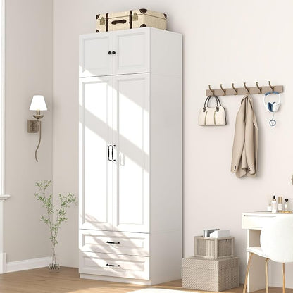 Armoire Wardrobe Closet with Drawers: Bedroom Armoires with Hanging Rod, Wooden Closet Cabinet for Hanging Clothes, Tall Wardrobes Closets with Doors and Shelves (White, 32")