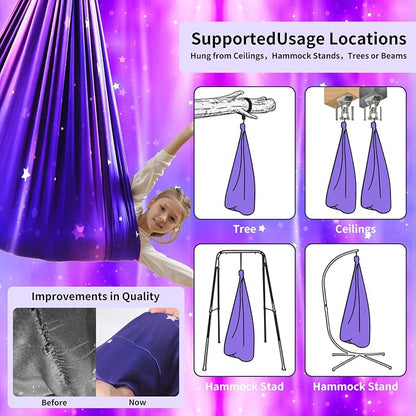Sensory Swing for Kids Indoor & Outdoor Double Layer Therapy Cuddle Hammock Chair with 360 Swivel Hanger Kit Adjustable Swing for Child and Adult with Aspergers Autism ADHD (Galaxy Purple)