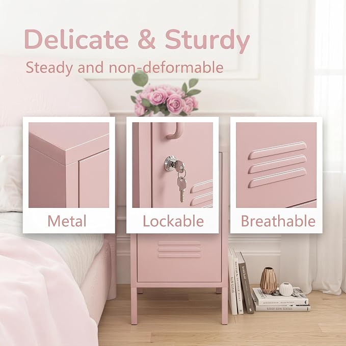 Single Door Lockable Metal End Table & Children's Bedside Table, 2-Tier Storage Cabinet with Adjustable Shelf, Easy Assembly Side Table for Living Room Bedroom Home Office Pink