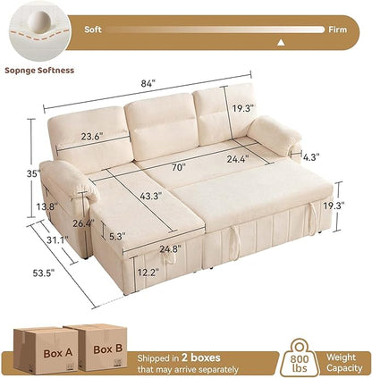 Tbfit 84'' Pull Out Sofa, 3 in 1 Sleeper Sofa Couch with USB & Storage Chaise, Cloud Sofa Bed with Pull Out Bed, Chenille Convertible Sleeper Sofas for Living Room, Small Spaces, Beige