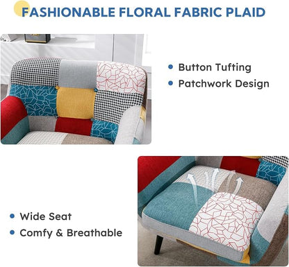 Bonzy Home Modern Colorful 4 Piece Coroful Fabric Sofa Set, Included 2 Accent Chairs and 2 Boho Loveseat Linen Patchwork Plaid Couches with Rubberwood Legs and Removable Upholstered for Living Room