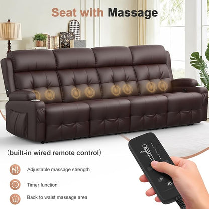 Reclining Couch, 113" PU Leather Sofa Recliner with Massage - 4 Seat Home Theater Seating Comfy Soft, Manual Wall Hugger Reclining with Lumbar Support Sofa Set for Family Living Room, Brown