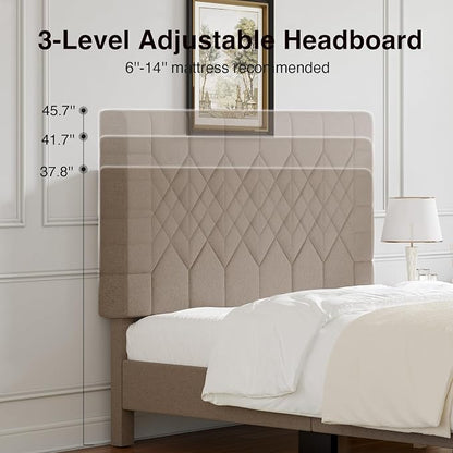 Novilla King Size Bed Frame, King Bed Frame and Headboard, Linen Upholstered Pull-Point Bed Frames, No Box Spring Needed, Metal Support Heavy Duty Feet, Easy Assembly, Beige
