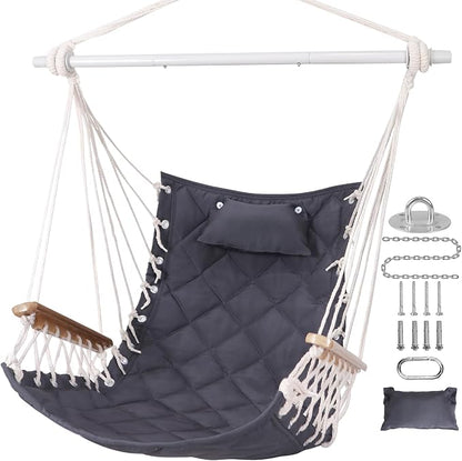 Hammock Chair Hanging Swing with Wooden Armrest;Steel Spreader Bar,Pillows,Hardware kit Included;Cotton Woven Fabric;Up to 350 Lbs,for Indoor or Outdoor