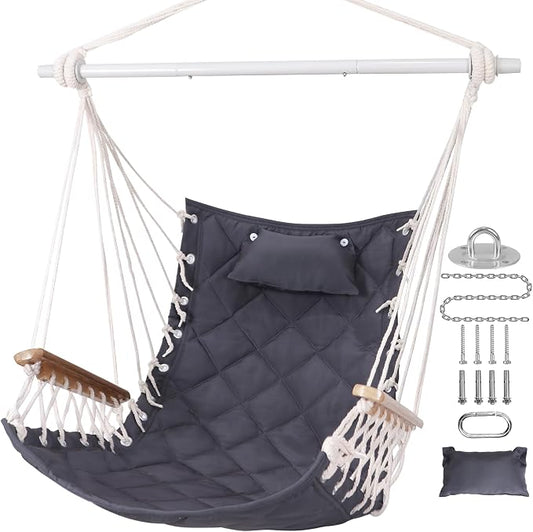 Hammock Chair Hanging Swing with Wooden Armrest;Steel Spreader Bar,Pillows,Hardware kit Included;Cotton Woven Fabric;Up to 350 Lbs,for Indoor or Outdoor