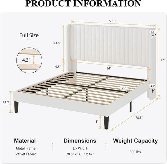 SHA CERLIN Full Size Velvet Bed Frame with Vertical Channel Tufted Wingback Headboard, Upholstered Platform Bed with Wood Slats, No Box Spring Needed, Easy Assembly, White