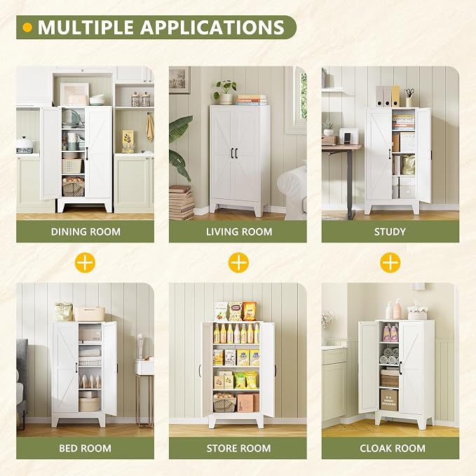 RAVIGIN Farmhouse Storage Cabinet,47" H Metal Pantry Cabinet with Barn Doors and Adjustable Shelves,47" H 4-Tier Rustic Pantry Organizers for Kitchen,Dining Room,White