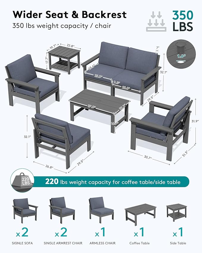 SERWALL HDPE Patio Furniture Set, 7-piece Outdoor Sectional Sofa Set, All Weather Outdoor Couch Set for Deck, Lawn, Grey Frame with Grey Cushion