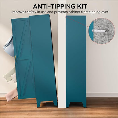 COFaR Armoire Wardrobe Closet, 71" Convertible 2-in-1 Metal Cabinet with Adjustable Rod & Shelves, Freestanding Hanging & Storage Organizer (Peacock Blue)