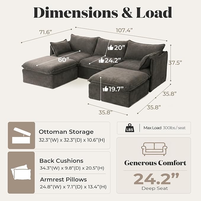 Cloud Modular Sectional Sofa, Oversized Deep Seat Comfort, Luxe Chenille | Fully Removable Washable Covers, Memory Foam Seat Cushions, Storage Ottoman, Premium Fabric
