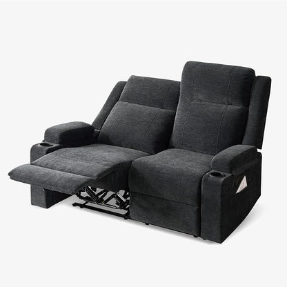 55" RV Loveseat Recliner – Space-Saving Double Reclining RV Sofa, Compact Theater Seating with Cup Holders & Storage Pocket, Black Chenille Couch for Camper, Motorhome & Home Theater