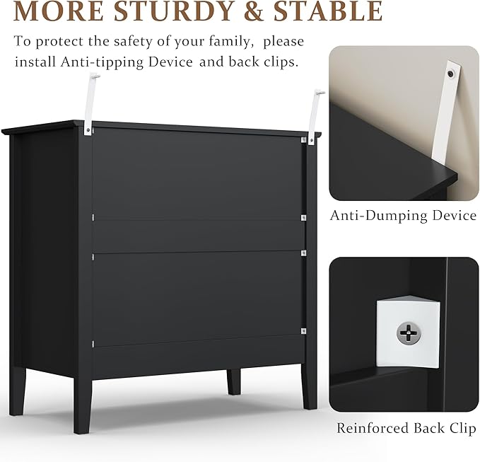 RoyalCraft 32" Large Nightstand, Fluted Painted Bedside Table with 3 Spacious Drawers, Modern Tall End Table for Bedroom, Black