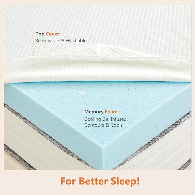 Sweetcrispy Mattress Topper Full with Removable Soft Cover, Memory Foam 2 Inch Thick Gel Infused Cooling Pad for Pressure Relieve for Full Size Bed, Sleeper Sofa, RV, Camper, CertiPUR US Certified