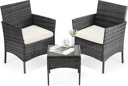 DUMOS 3 Piece Patio Furniture Set, All-Weather Outdoor Wicker Chairs with Removable Cushions & Tempered Glass Table, Small Bistro Set for Porch, Balcony, Lawn, Backyard, Black