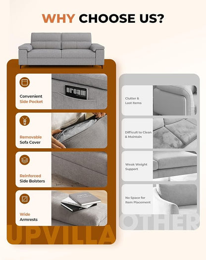 Upvilla 88.97" Modern Sofa Couches for Living Room, Deep Seat Sofas with 8”Cushion, Comfy 2-Seater Chenille Loveseat with Convertible Armrest, Removable Sofa Cover, High Leg(Light Gray)