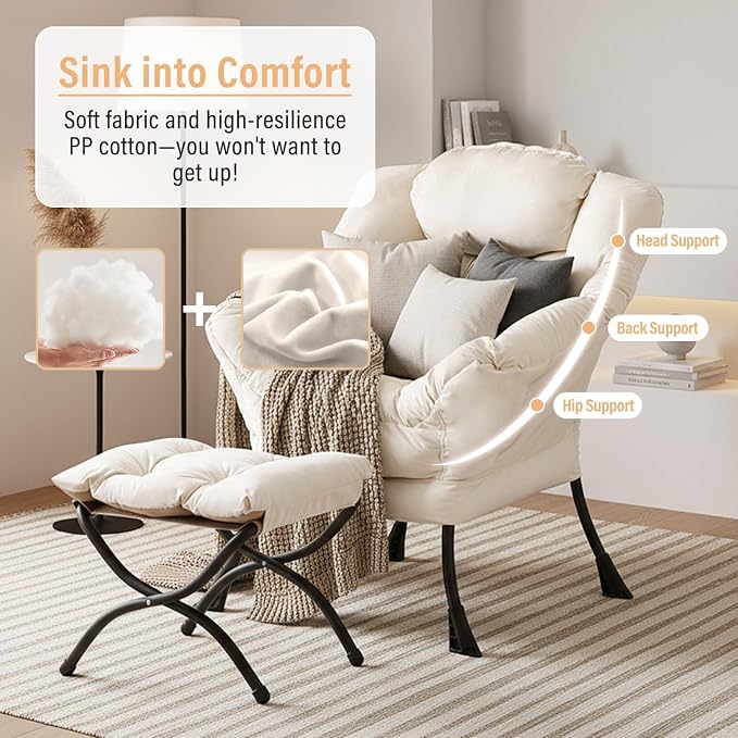 Furlide Lazy Chair with Ottoman, Modern Chair with Folding Footrest, Lounge Accent Chair, Comfortable Reading Chair, Oversized Armchairs for Bedroom, Study, Living Room, Courtyard (Beige)