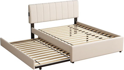 Full Size Upholstered Platform Bed with Pull-Out Trundle Bed | Twin Size Trundle, LED Lighting Controlled by APP, USB+Type-C Charging Ports, Chenille Upholstered Bed Frame,Beige