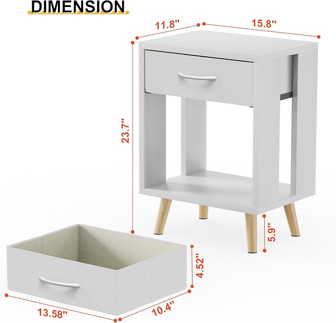 GYIIYUO 24" H Nightstands Set of 2 with Fabric Drawer, White | Open Wood Shelf, Side Table with Storage for Bedroom, Spacious 15.7"L x 11.8"W x 24"H Top Fits Lamp + Books, Stable Frame