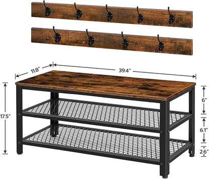 HOOBRO Hall Tree Entryway Storage Bench, Coat Rack Shoe Bench, Shoe Rack Organizer with Coat Hooks, 3-in-1 Design, Wooden Furniture with Metal Frame, Rustic Brown and Black BF171MT01