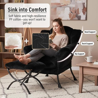 Furlide Lazy Chair with Ottoman, Modern Accent Chair with Armrests and a Side Pocket, Plush Black Accent Chairs, Reading Chairs, Oversized Armchairs for Bedroom, Study, Living Room, Courtyard