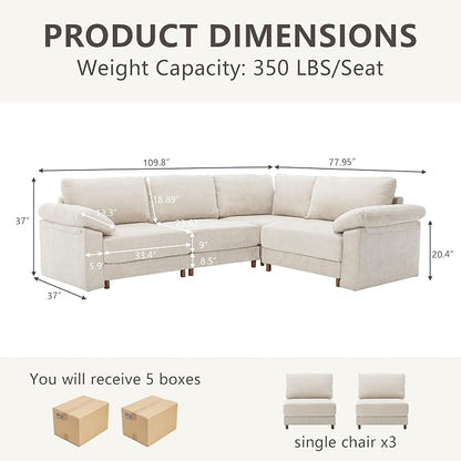 Oversized Modular Cloud Couch with Removable Washable Cover, L -Shaped Sectional for Large Living Room, Plush Chenille & Deep Seat（Beige）