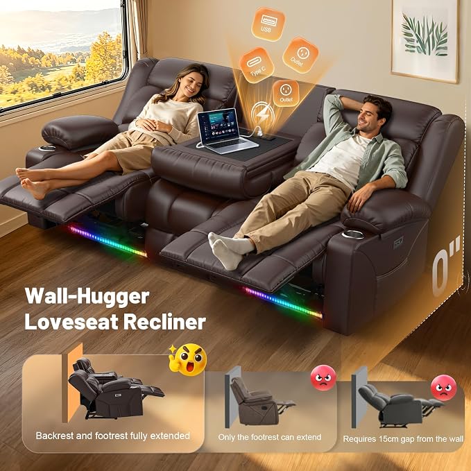 Dresegmt Power Loveseat Recliner Sofa, Zero Wall Hugger RV Reclining Loveseat Couch with Flip Middle Backrest Design, 3 Seat Reclining Sofa with Storage Drawer, Power Recliner for Living Room (Brown)