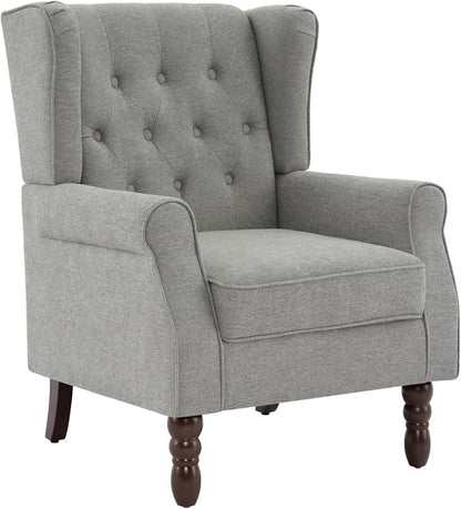 High Back Accent Chair, Fabric Upholstered Armchair Retro Wingback Arm Chair for Living Room, Comfy Single Sofa Bedroom Reading Seat with Solid Wood Legs - Light Gray