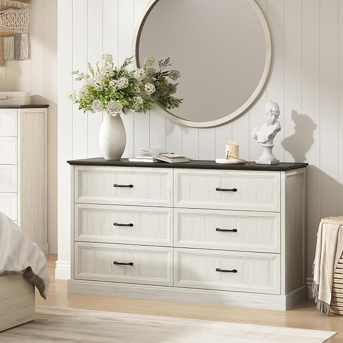 CARPETNAL Farmhouse Dresser and Nightstand Sets for Bedroom, 3 Pcs Bedroom Set, 6 Drawer Dresser & Nightstand Set of 2, Modern Wood Chest of Drawers for Bedroom, Living Room, Entryway, White