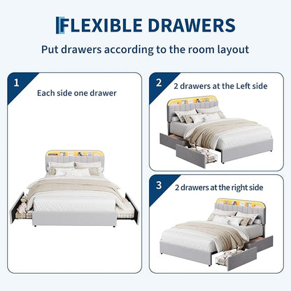 GarveeHome Queen Bed Frame with Storage Headboard, Kids Bed Frame with 2 Drawers, Velvet Upholstered Platform Bed Frame with Lights, No Box Spring Needed, Easy Assembly, Velvet Grey