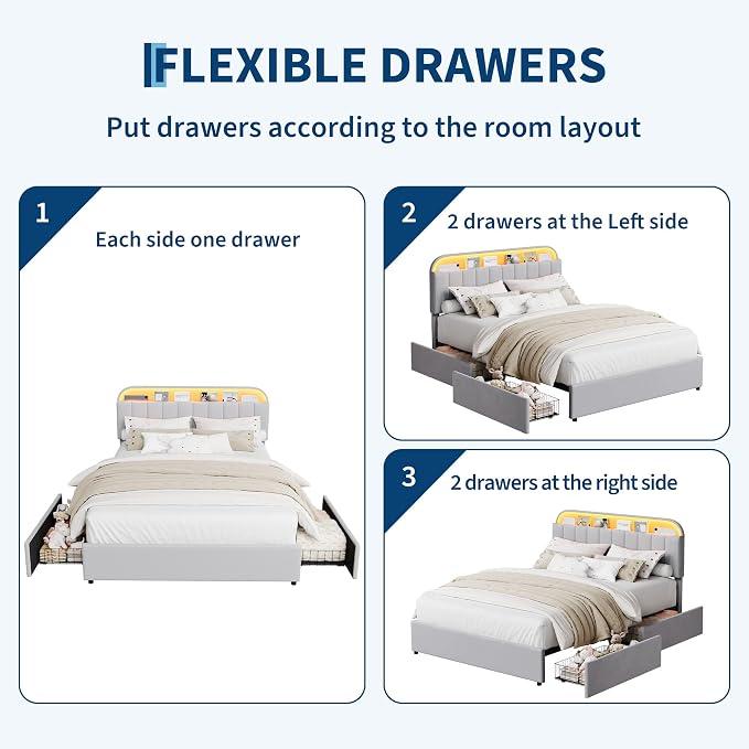 GarveeHome Full Bed Frame with Storage Headboard, Kids Bed Frame with 2 Drawers, Velvet Upholstered Platform Bed Frame with Lights, No Box Spring Needed, Easy Assembly, Velvet Grey
