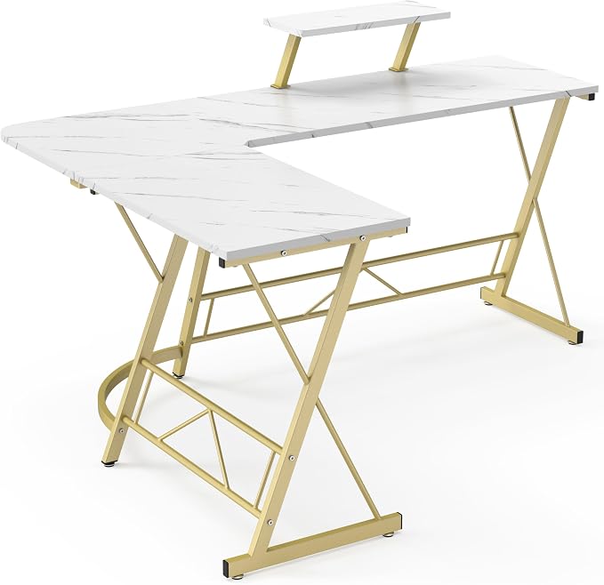 Mr IRONSTONE 63" L Shaped Gaming Desk, Corner Computer Desk, Home Office Writing Desk with Sturdy Monitor Shelf, Spacious L Shaped Desk Workstation, Easy to Assemble, Laminate Marble