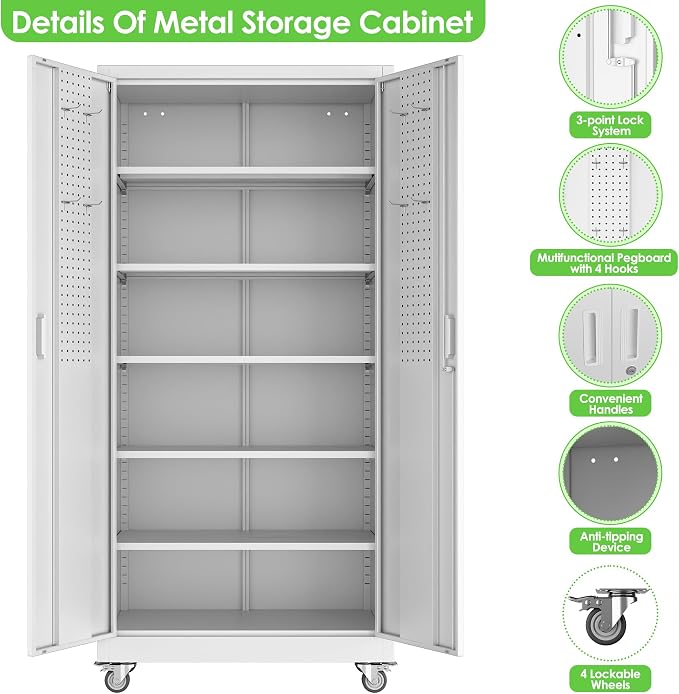 Reemoon 71" H Garage Storage Cabinet with Wheel, Metal Storage Cabinet with Doors,5 Adjustable Shelves and Pegboard for Garage Home Office,Required Assembly,White,71" H×32" W×16" D