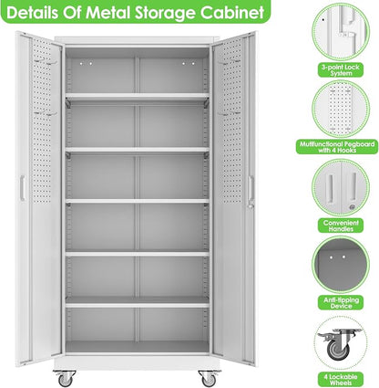 Reemoon 71" H Garage Storage Cabinet with Wheel, Metal Storage Cabinet with Doors,5 Adjustable Shelves and Pegboard for Garage Home Office,Required Assembly,White,71" H×32" W×16" D