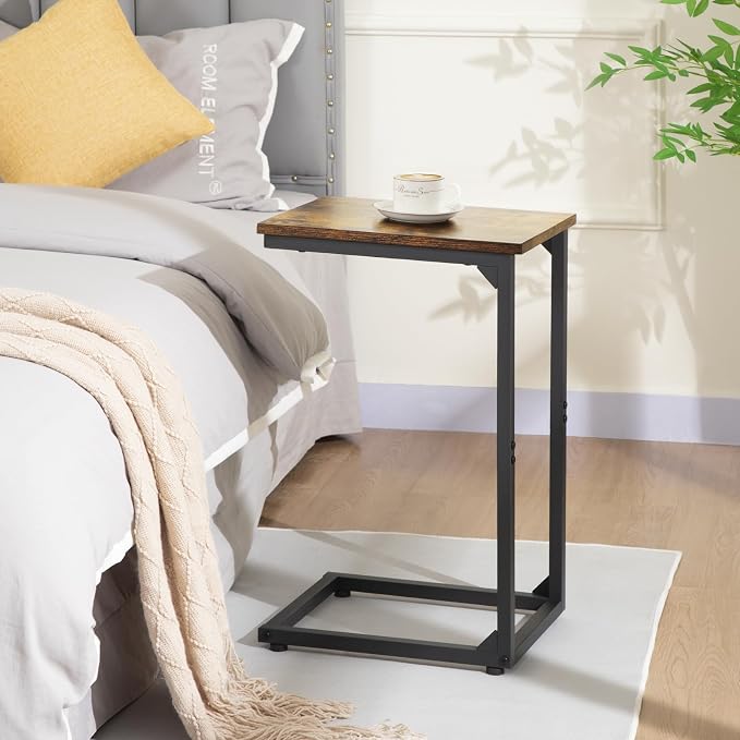 AMHANCIBLE C Shaped End Table, Slide Under Couch Table for Sofa, TV Tray Snack Table, Small Side Table for Small Space, Living Room, Brown HET02CBR1