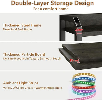 METYERRY Headboard for Queen Size Bed Frame with Storage, Height Adjustable, Headboards with Outlets, USB Ports, Type-C, LED Light, Sturdy and Stable Headboard, Black Oak,Bed Frame NOT Included