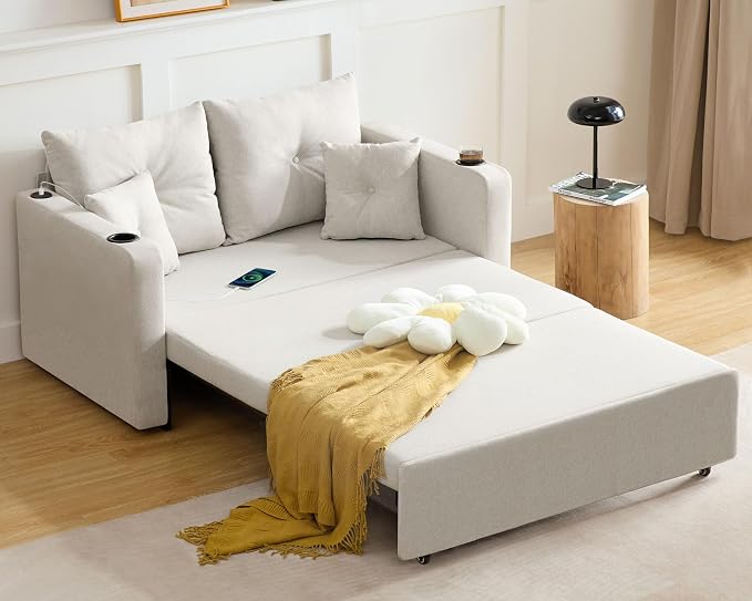 Busaurus 3 in 1 Convertible Sofa Bed, 56" Loveseat Sleeper Sofa Couch with Pullout Bed, Comfy Pull Out Sofa Bed with USB, Full Size Sleeper Sofa Bed for Living Room, Bedroom, Small Space, Beige