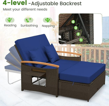 LDAILY Moccha Outdoor Wicker Daybed, Patio Rattan Loveseat Sofa w/ 4-Level Adjustable Backrest, Folding Panels, Storage Ottoman & Cushions, Lounge Furniture Set for Poolside Backyard Porch (Navy)