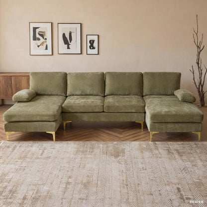 Karl home 110" Sectional Sofa U-Shaped 4-Seat Couch with Chaises Chenille Fabric Upholstered for Living Room, Apartment, Office, Green