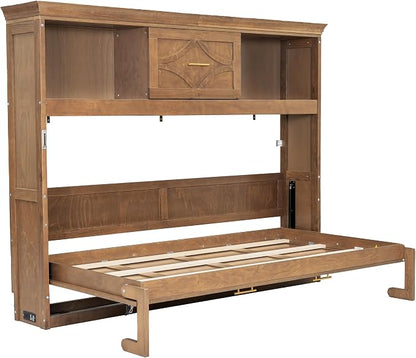 Merax Farmhouse Wood Murphy Bed with Charging Station, Modern Wall Bed with Top Cabinet & Drawer, No Box Spring Needed/Space Saving, Twin, Wood Color