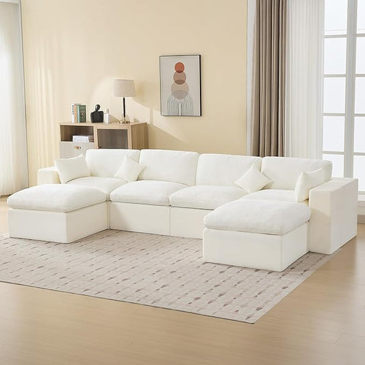 146''Cloud Boneless Sectional Couch, Modular Sectional Sofa Deep Seat with 2 Ottomans, Oversized Upholstered Convertible Comfy 6 Seater Chenille Sofa U Shape Couches for Living Room, Beige