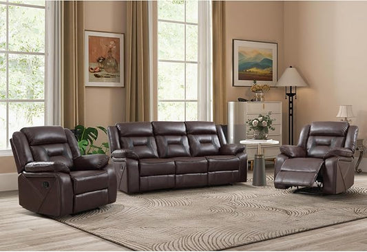 EBELLO Faux Leather Recliner Sofa Furniture Set for Living Room, 2 Recliner Chairs, 3 Seat Recliniing Sofa Couch Set for Meeting Room, Dark Brown
