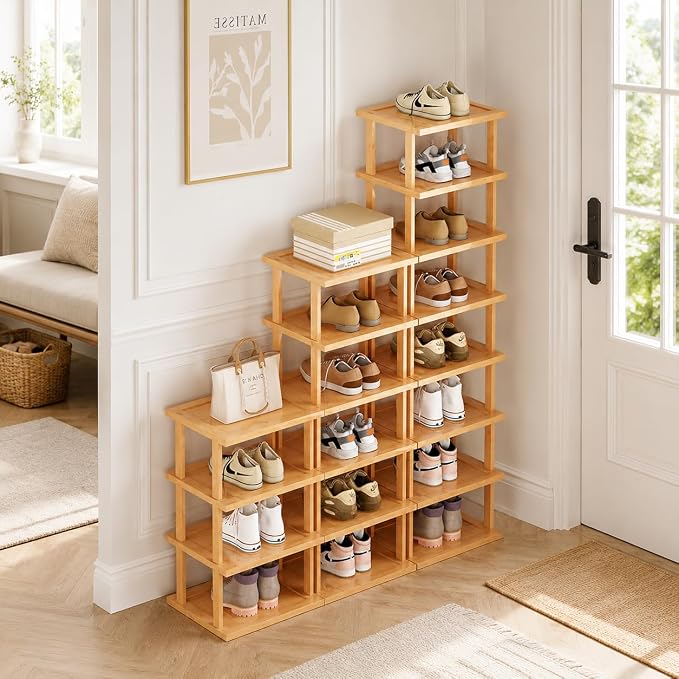 SAN HE Bamboo Shoe Rack 17 Tier- Vertical Shoe Rack for Small Spaces, Tall Narrow Shoe Rack Organizer for Closet Entryway Corner Garage and Bedroom,Skinny Shoe Shelf with Free Stackable DIY