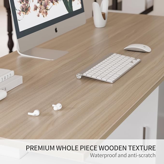 FEZIBO L-Shaped Standing Desk with Drawers and Shelves, Electric Standing Desk Adjustable Height, Executive Computer Desk 63 inch Light Walnut