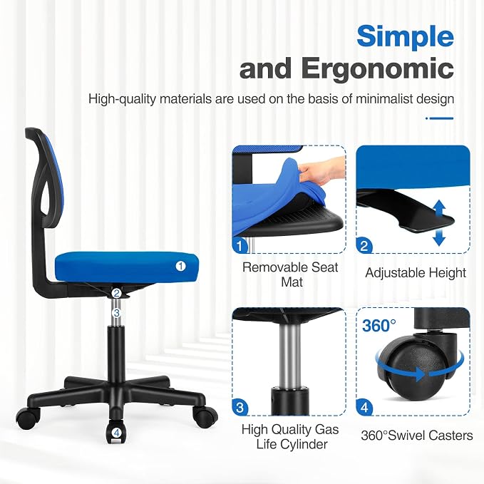 Sweetcrispy Ergonomic Low-Back Mesh Small Office Chair, Rolling Work Swivel Chairs with Wheels, Armless Comfortable Seat Lumbar Support for Home, Bedroom, Study, Student, Adults, Blue